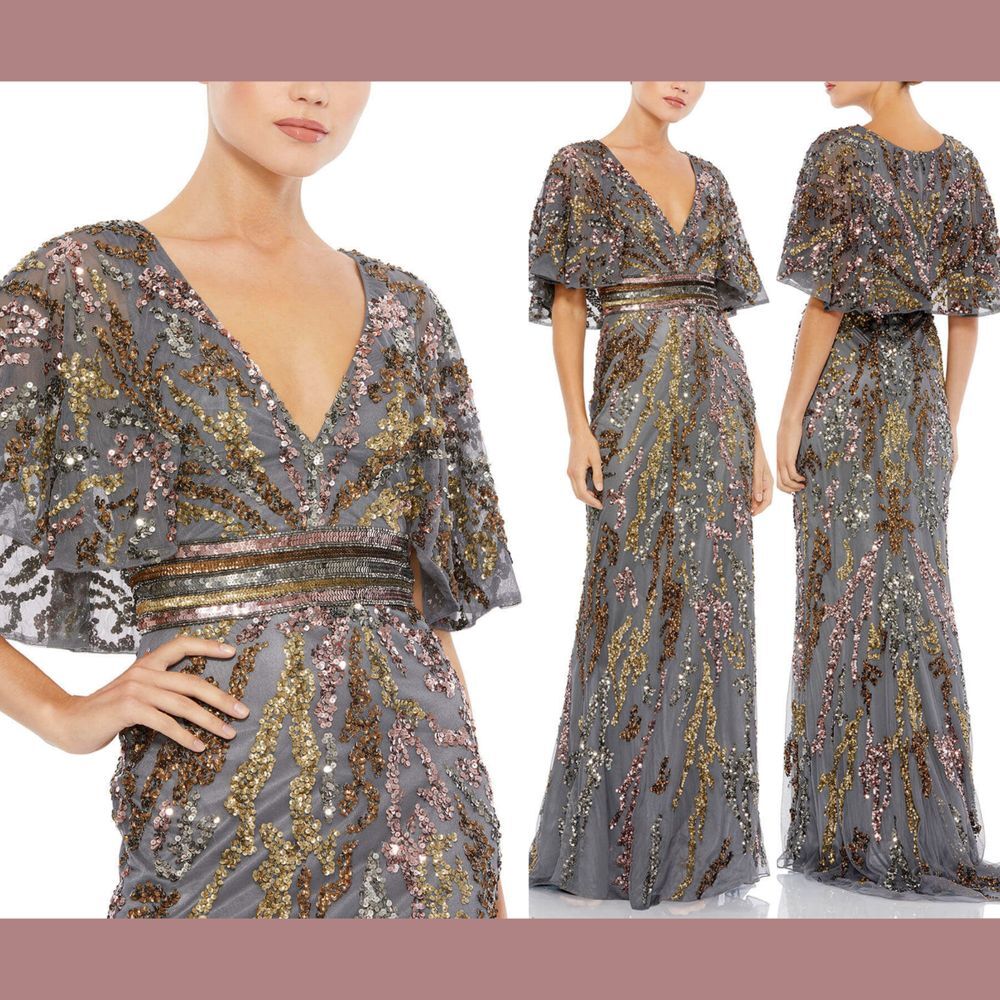 NWT $698 Mac Duggal [ 6 ]‎ 5439 Cape Sleeve Embellished Gown in Charcoal Grey